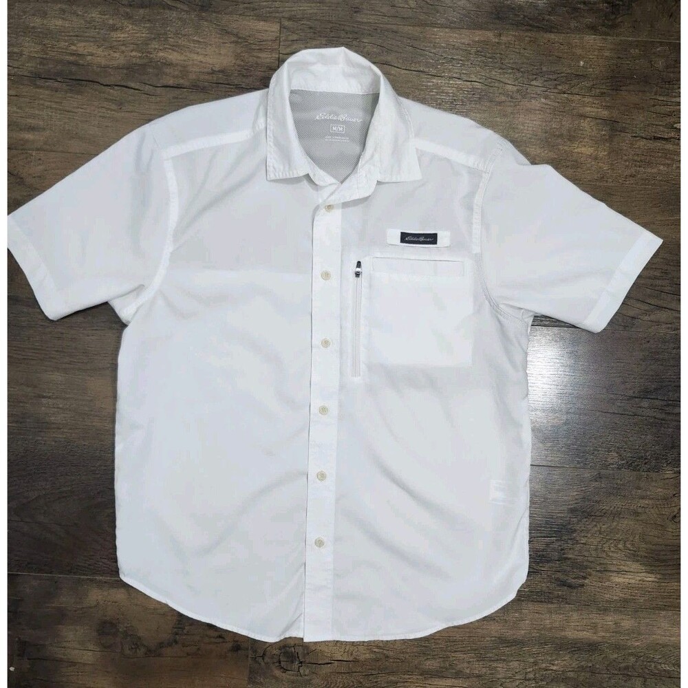 Eddie Bauer Mens Fishing Shirt Med White Short Sleeve Vent Beach Nautical